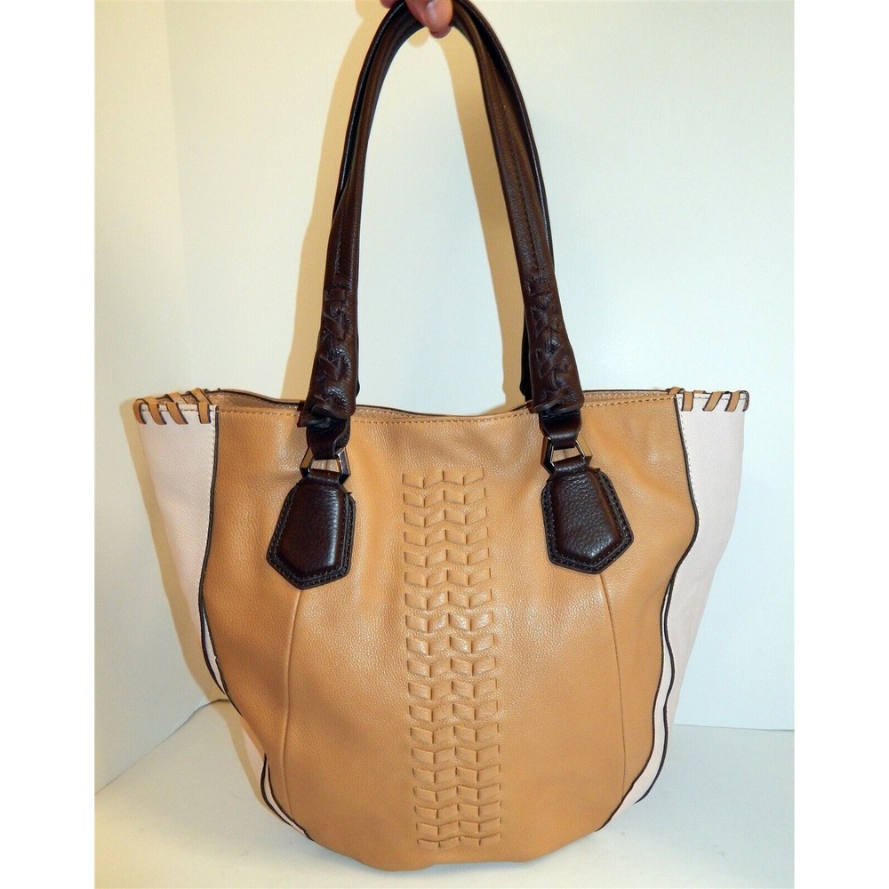 orYANY Nude Pink Brown Leather Whipstitch XL Shoulder Bag